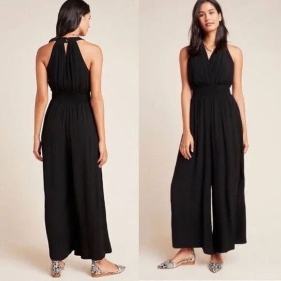 Anthropologie Pants - Anthropologie Jumpsuit Bionda Plisse Smocked Waist Wide Leg Black Size XS Boho